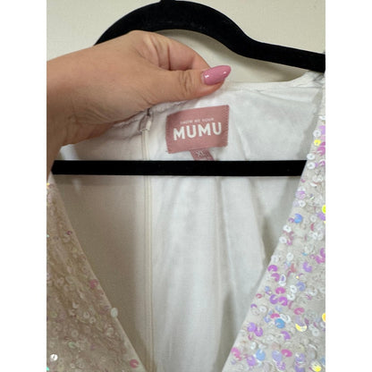 Show Me Your Mumu White Iridescent Sequin Mini Dress Long Sleeve V-Neck XL