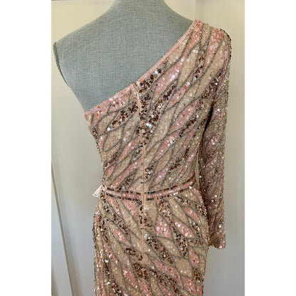 MacDuggal One Shoulder Sequin Gown Maxi in Pink/Silver Size 8 Beaded Long Sleeve