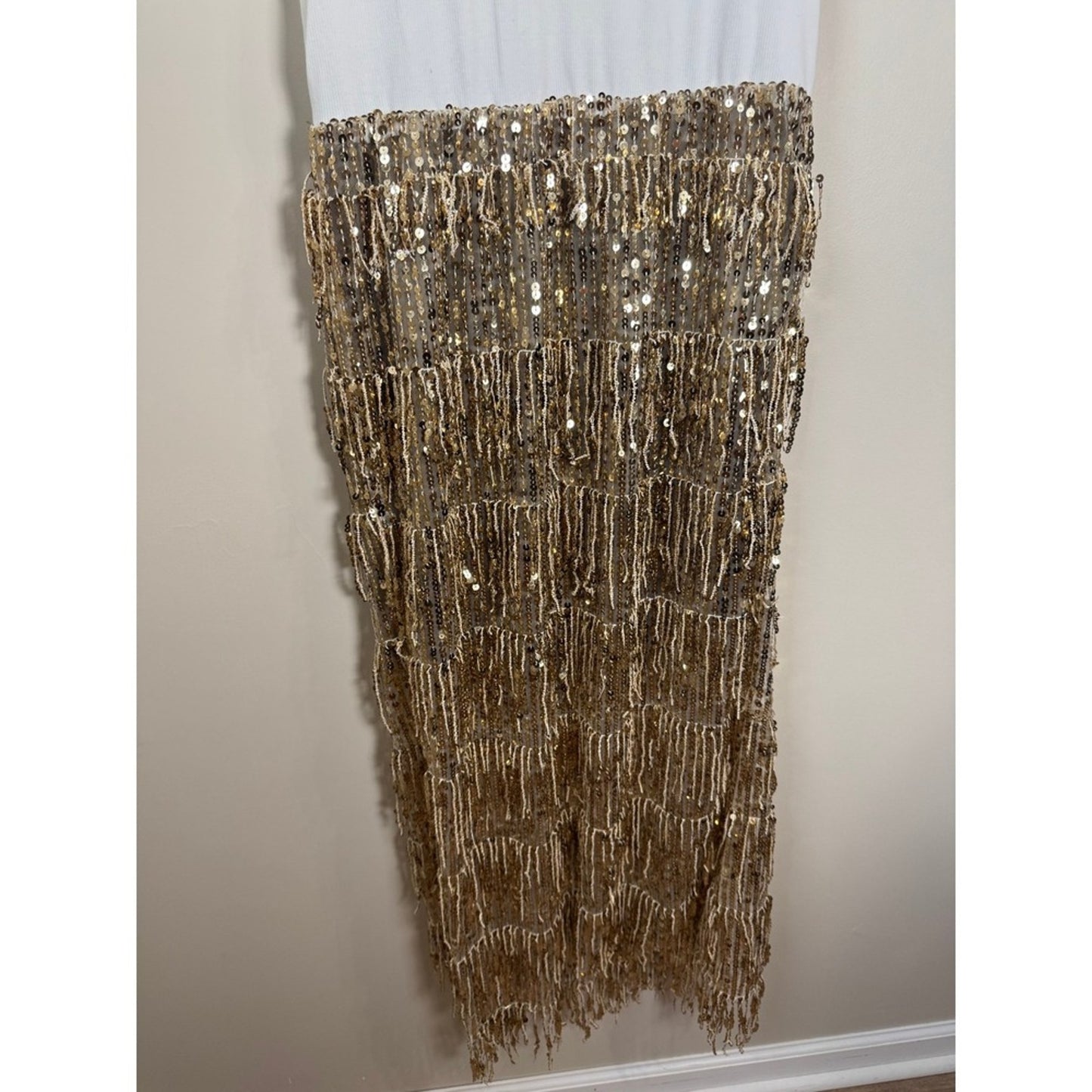Show Me Your Mumu Sequin Fringe Maxi Dress White Gold Ribbed Tank XL Party NYE