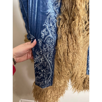 Free People Moon Glow Velvet Coat Blue Tan Embroidered Faux Fur Trim Medium NEW
