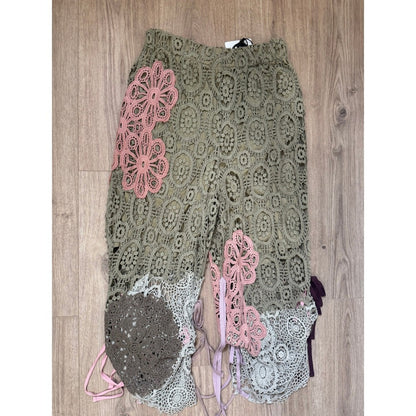 Jaded Gypsy Endless Love Pants Olive Green Pink Crochet Lace Boho Festival OS