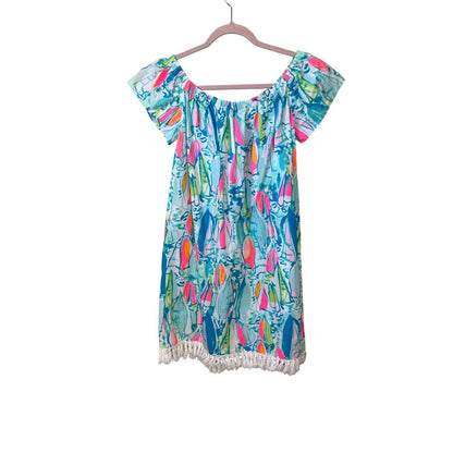 Lilly Pulitzer Off The Shoulder Dress Sailboat Print Tassel Trim Size M