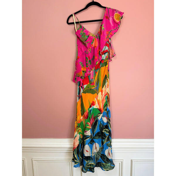 FARM Rio Midi Dress Mixed Flowery Ruffle One Strap Size XS Floral Summer Party