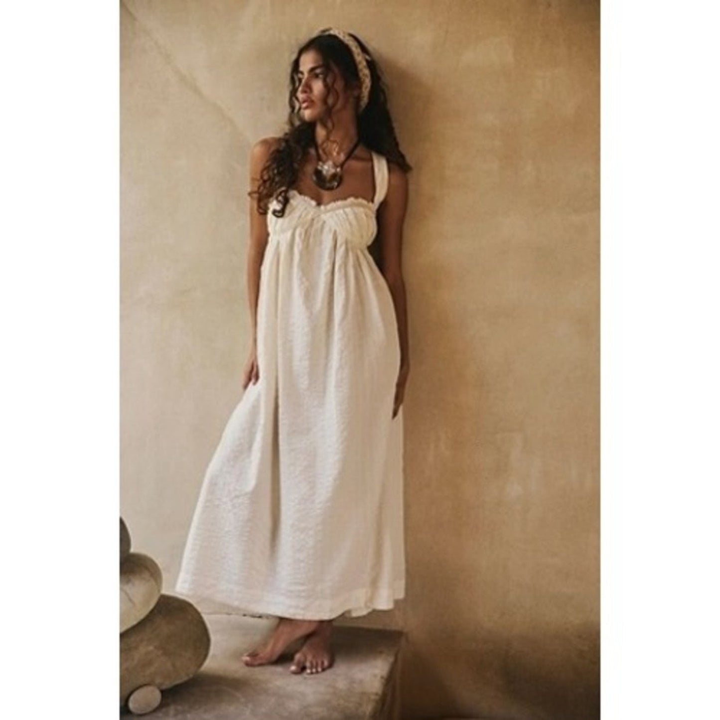 Free People White Textured Midi Dress Bohemian Open Back Tie Straps Womens Large