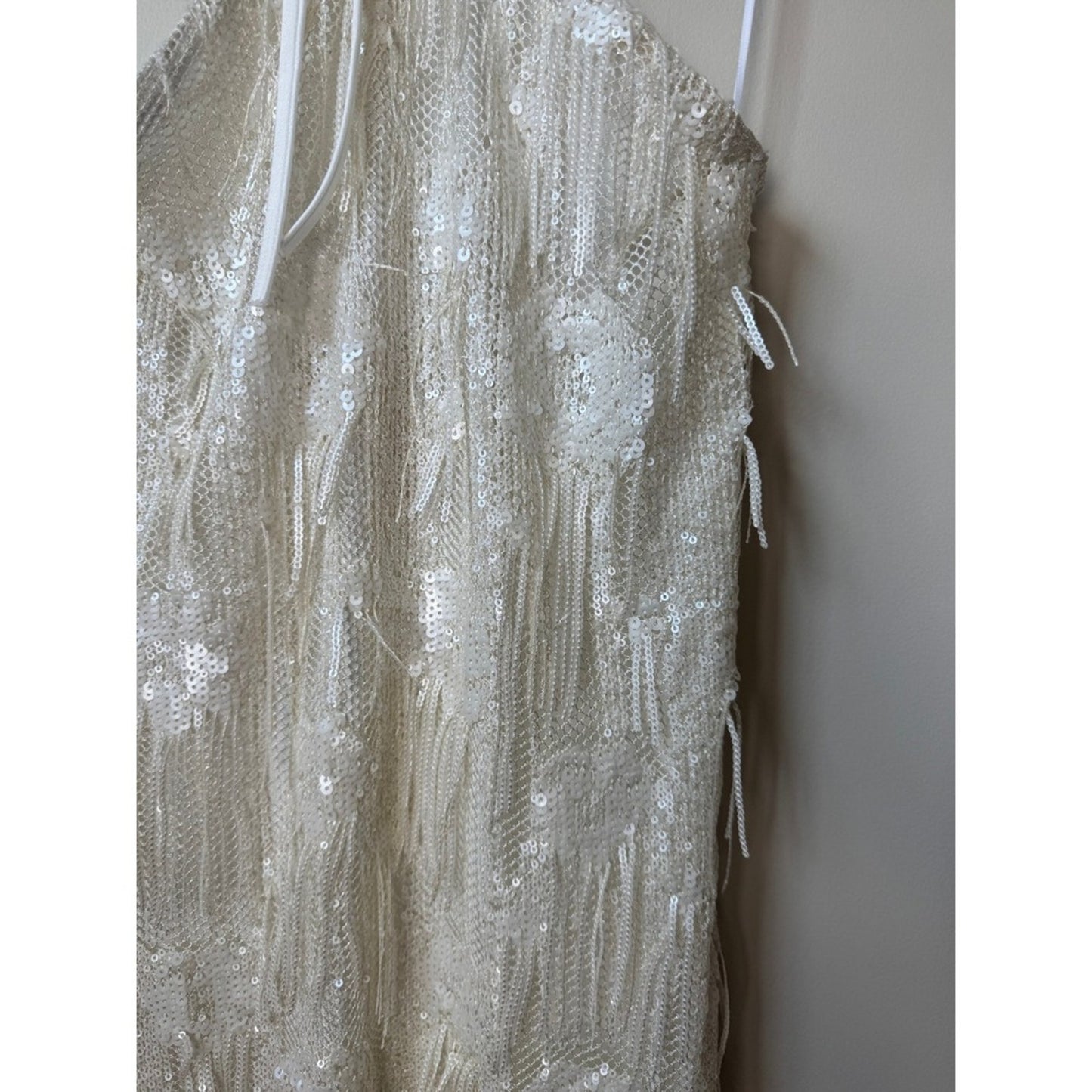Show Me Your Mumu White Sequin Fringe Halter Maxi Dress XXS Bridal Formal Gown