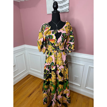 Farm Rio The Pink Toucananas Maxi Dress Size XS Graphic Print 3/4 Sleeve Cotton