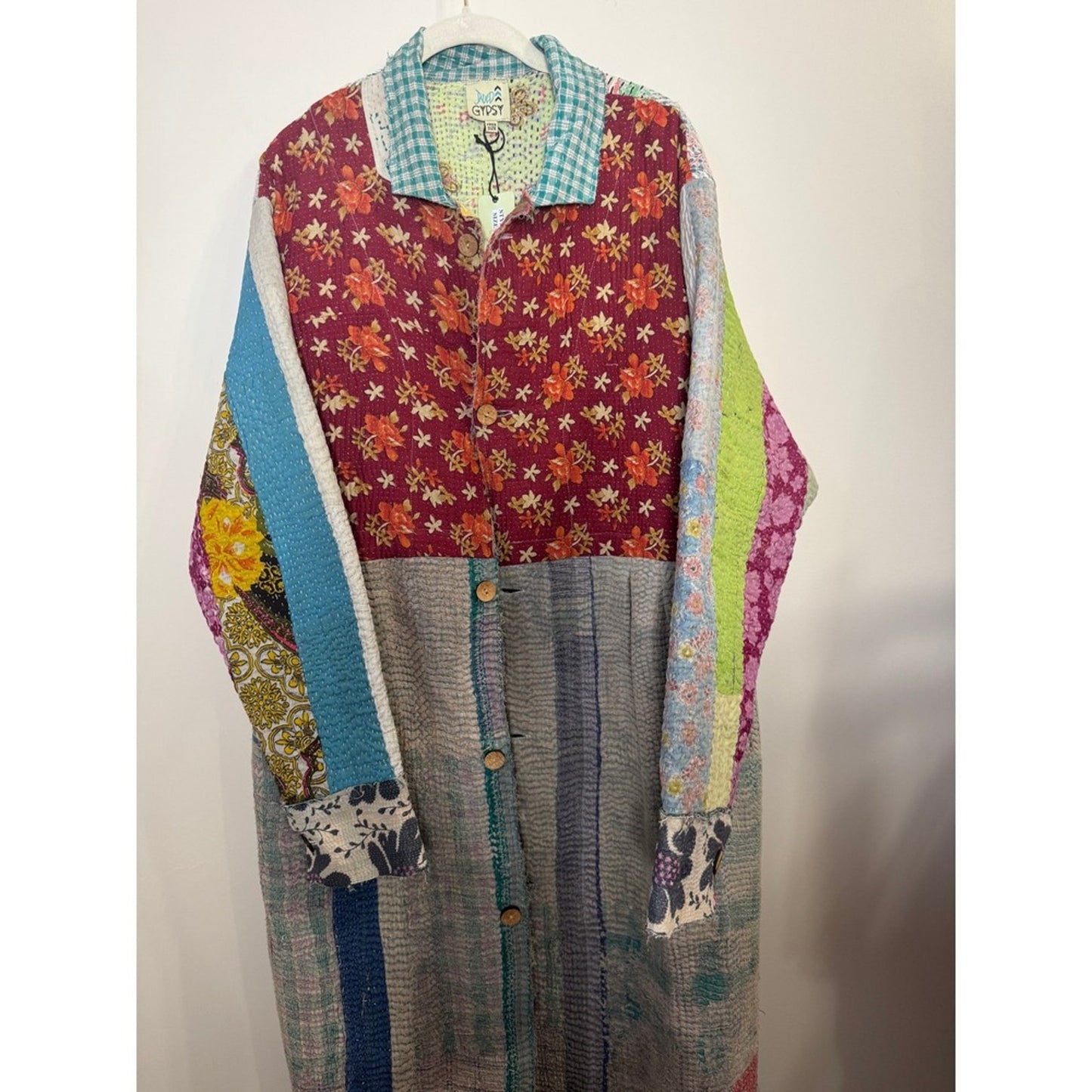 Jaded Gypsy Boho Patchwork Quilted Long Coat Jacket Kimono Multi Color Free Size