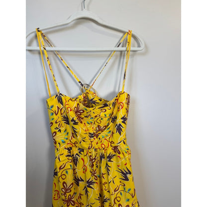 ALC Yellow Floral Ruched Tiered Open Back Midi Dress Womens