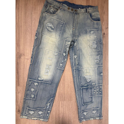 Jaded Gypsy Peace & Love Distressed Patchwork Jeans Medium Wash L/XL NEW