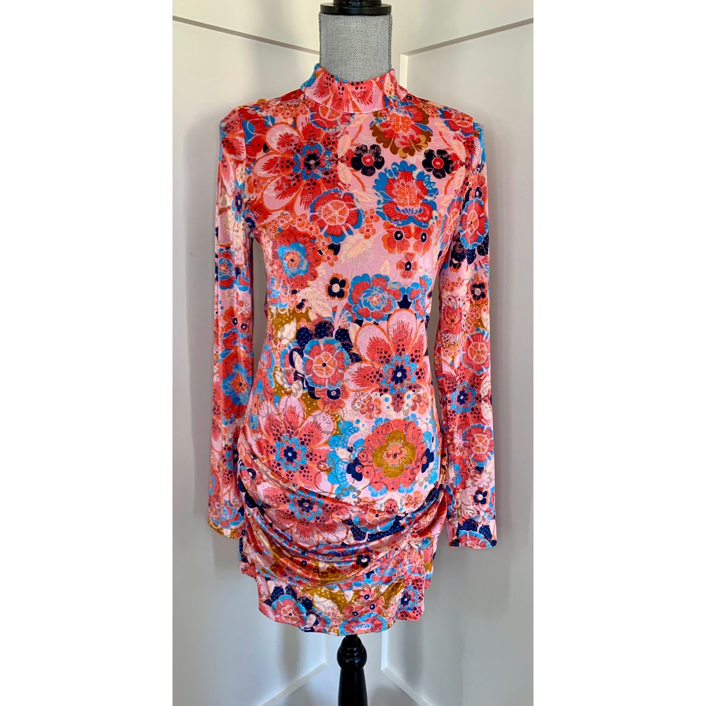 Free People Della Burnout Velvet Mini Dress in Pink Floral Medium Long Sleeve