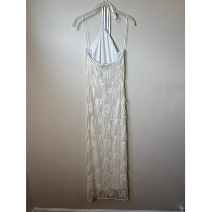Show Me Your Mumu White Sequin Fringe Halter Maxi Dress XXS Bridal Formal Gown