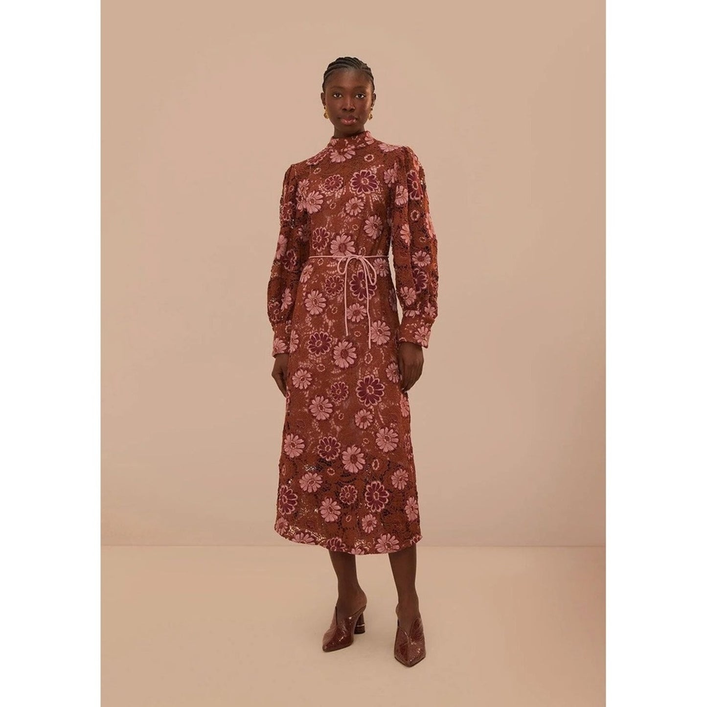 FARM Rio Floral Lace Midi Dress Mock Neck Puff Sleeve Belted Brown Pink Size M