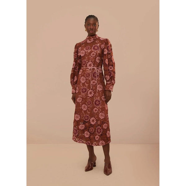 FARM Rio Floral Lace Midi Dress Mock Neck Puff Sleeve Belted Brown Pink Size M