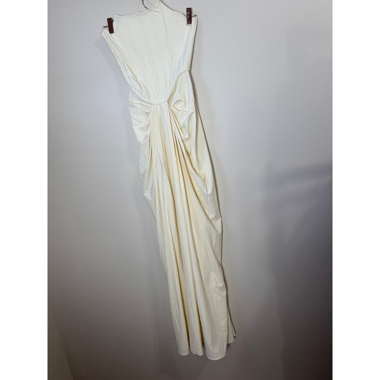 Cream Ruched Draped Strapless Gown Elegant Evening Formal Dress