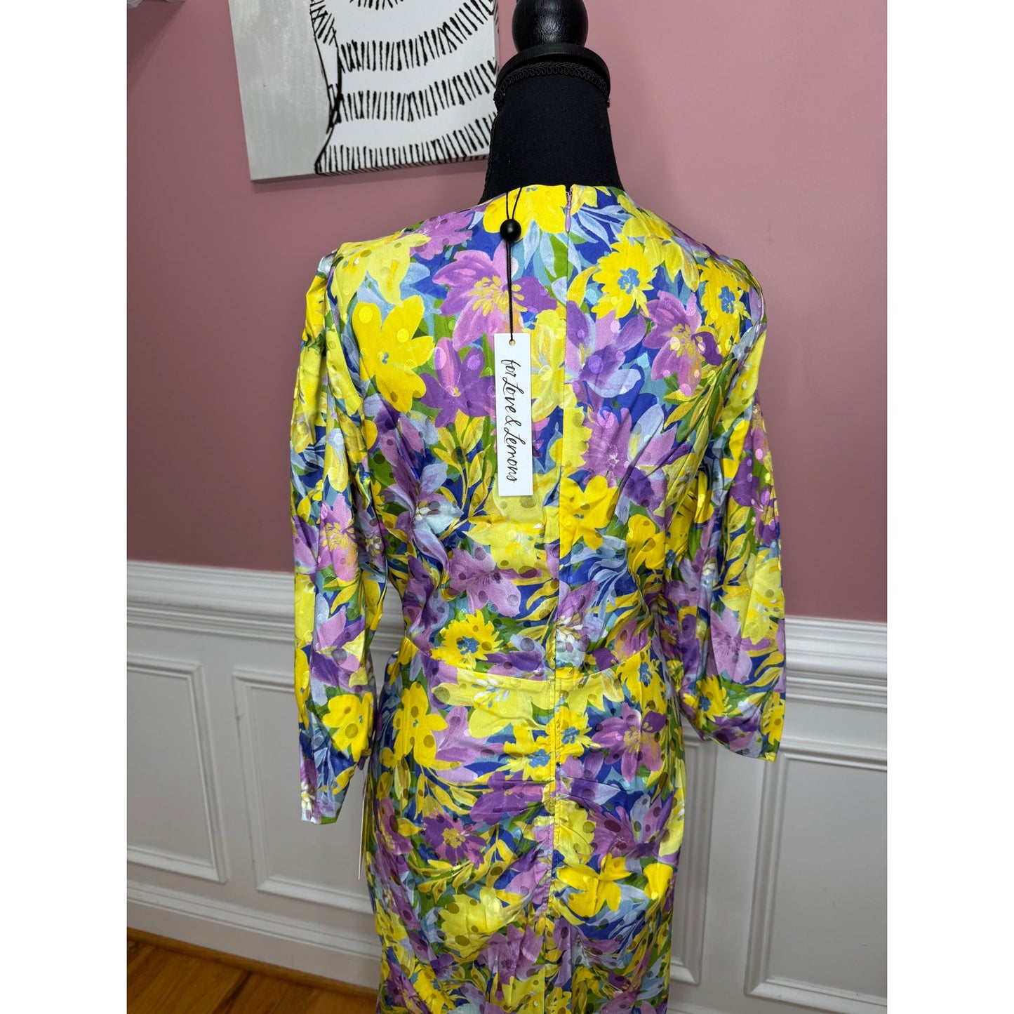 For Love & Lemons Cassia Midi Dress in Lemon Floral Size 1X 3/4 Sleeve V-Neck