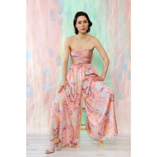 AMUR Strapless Wide Leg Jumpsuit Floral Patchwork Ruched Bodice Pink Size 6