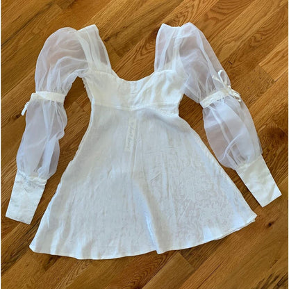 For Love & Lemons Gabrielle Puff Sleeve Mini Dress in White‎ Size XS Floral