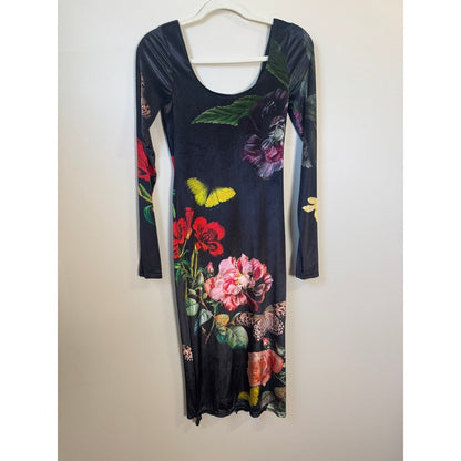 Alice + Olivia Delora Floral Butterfly Midi Dress Black Long Sleeve Scoop Neck