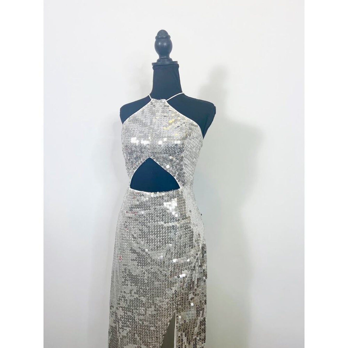 Majorelle Jovanna Maxi Dress‎ in Silver Large Embellished Gown Sequin Cut Out