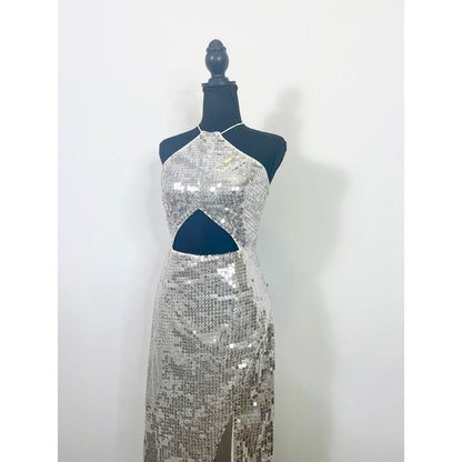 Majorelle Jovanna Maxi Dress‎ in Silver Large Embellished Gown Sequin Cut Out
