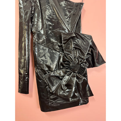 Faith Connexion Faux Patent Leather One Shoulder Bow Mini Dress in Black Size Small