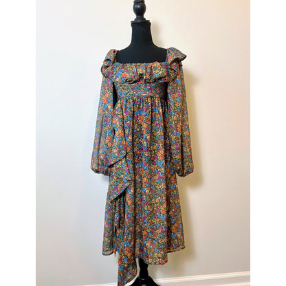 For Love & Lemons Brittany Midi Dress in Blue Small Ditsy Floral Long Sleeve