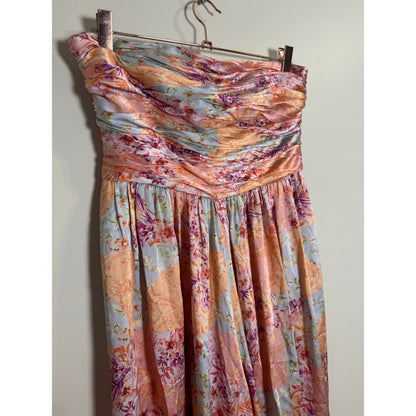 AMUR Strapless Wide Leg Jumpsuit Floral Patchwork Ruched Bodice Pink Size 6