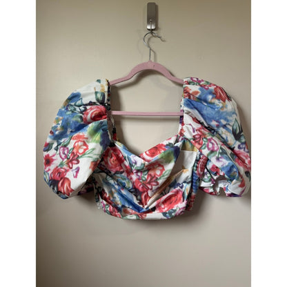 Amanda Uprichard Floral Puff Sleeve Crop Top Multi Color Square Neck Size L