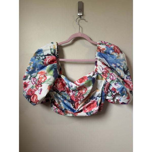 Amanda Uprichard Floral Puff Sleeve Crop Top Multi Color Square Neck Size L