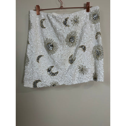 Show Me Your Mumu White Sequin Sun and Moon Celestial Beaded Mini Skirt Silver
