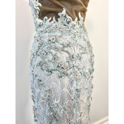 Mac Duggal Mermaid Gown‎ Dress in Crystal Blue Size 6 Embellished Lace Cocktail
