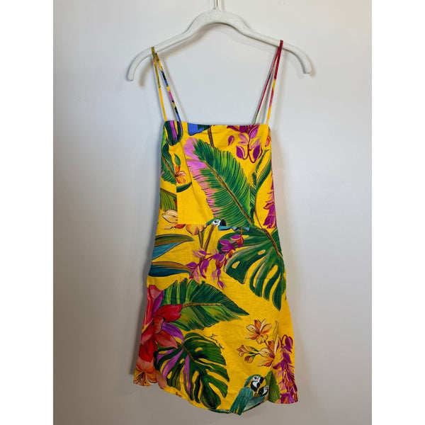 Farm Rio Yellow Tropical Parrot Print Open Back Mini Dress With Tassels NWT