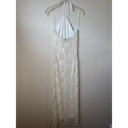 Show Me Your Mumu White Sequin Fringe Halter Maxi Dress XXS Bridal Formal Gown