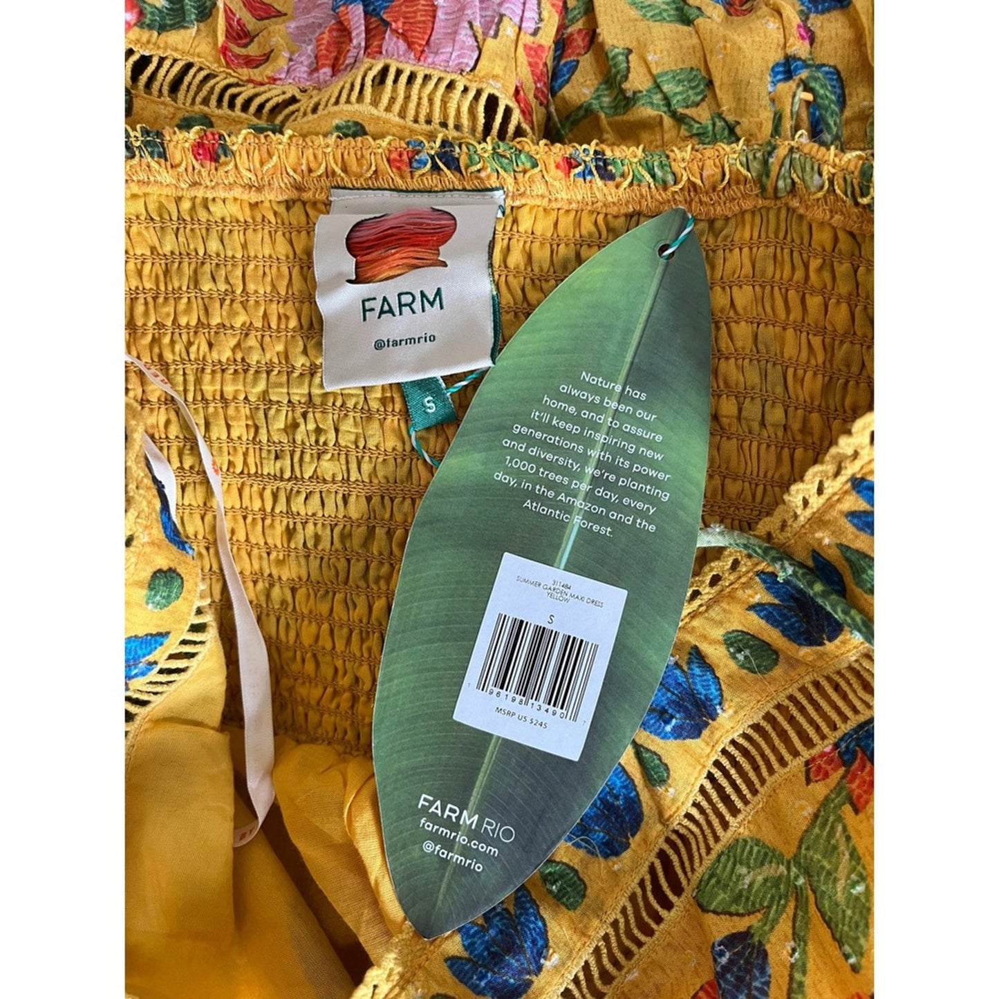Farm Rio Summer Garden Maxi Dress Yellow Floral Smocked Strappy Size S