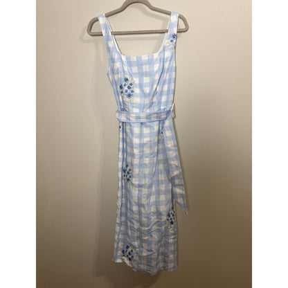 Sachin & Babi Bryce Blue Gingham Floral Embroidered Belted Midi Dress Size 8 NEW