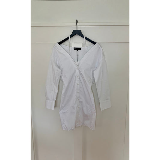 Zara Mini Dress in White Size XS Off Shoulder Button Front Long Sleeve Party