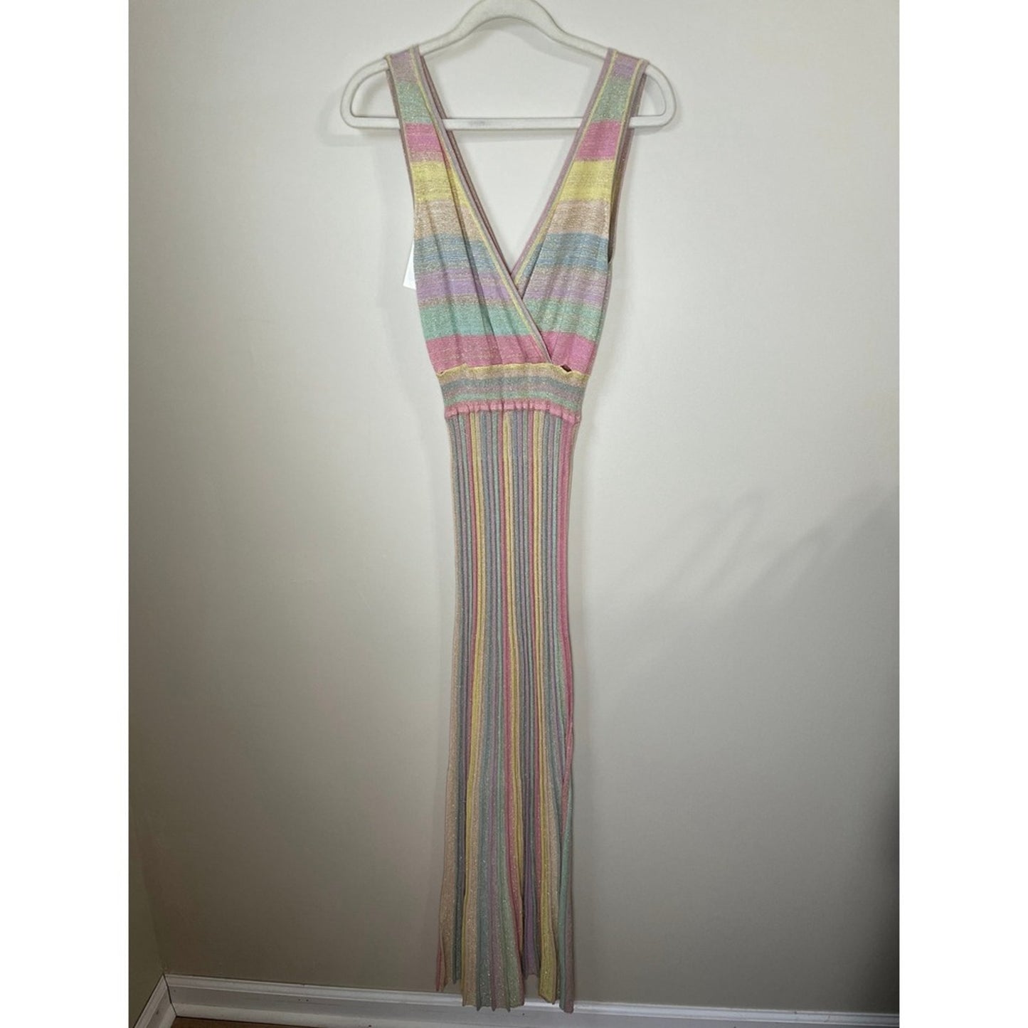 LoveShackFancy Mylene Ribbed Knit Maxi Dress Pastel Sunrise Metallic  Size LG