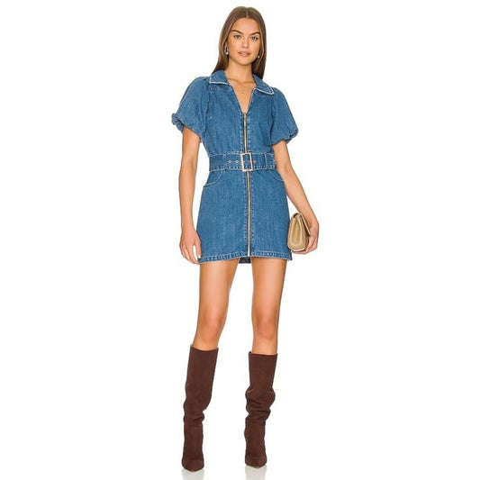 Show Me Your Mumu Denim Mini Dress Puff Sleeve Belted Zip Front Blue XXL NWT