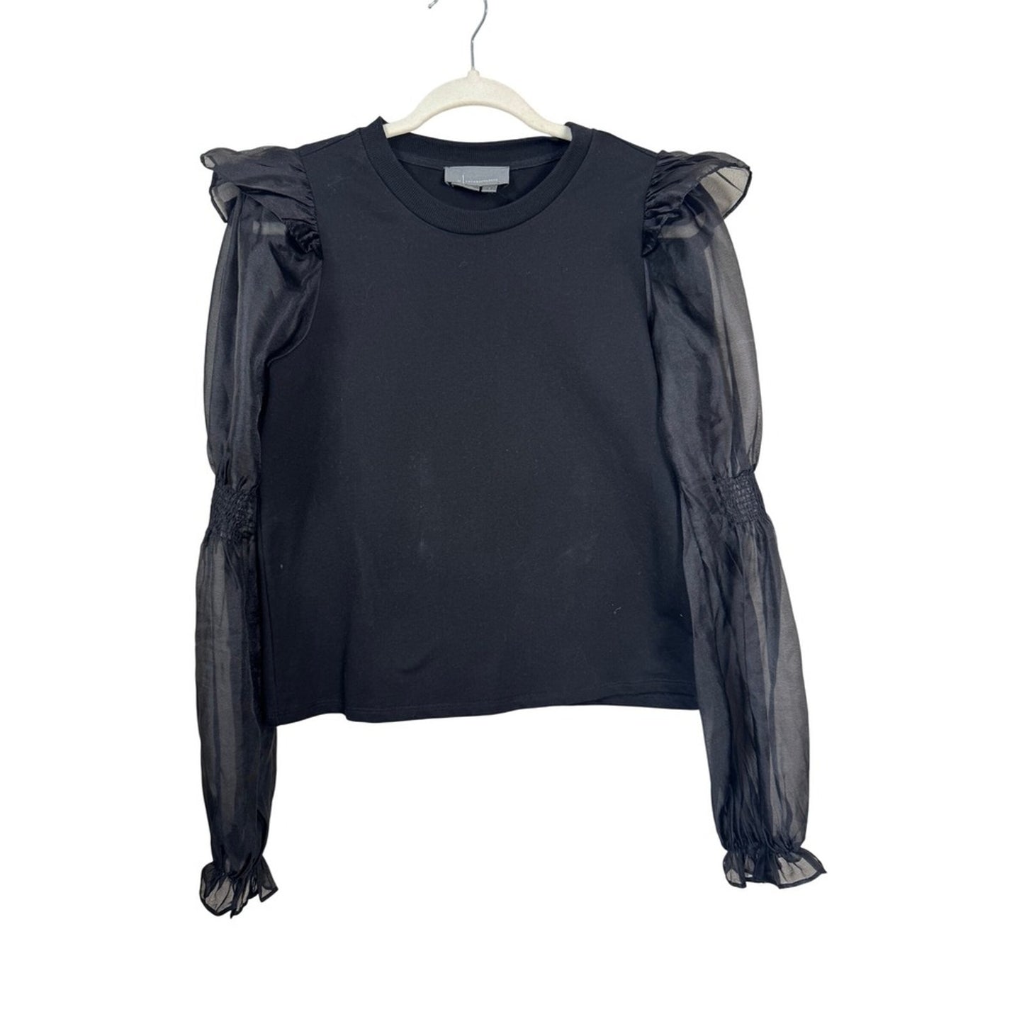 Anthropologie Black Sheer Organza Puff Sleeve Ruffle Smocked Top Small