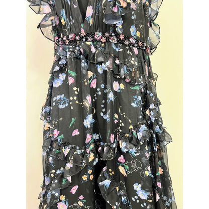 Ieena for Mac Duggal Ruffled Floral Print Cap Sleeve Gown Size 8