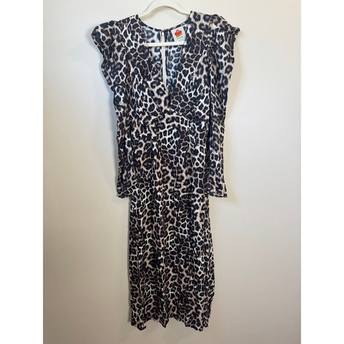 Farm Rio Leopard Print Puff Shoulder V-Neck Midi Dress Long Sleeve Animal Print