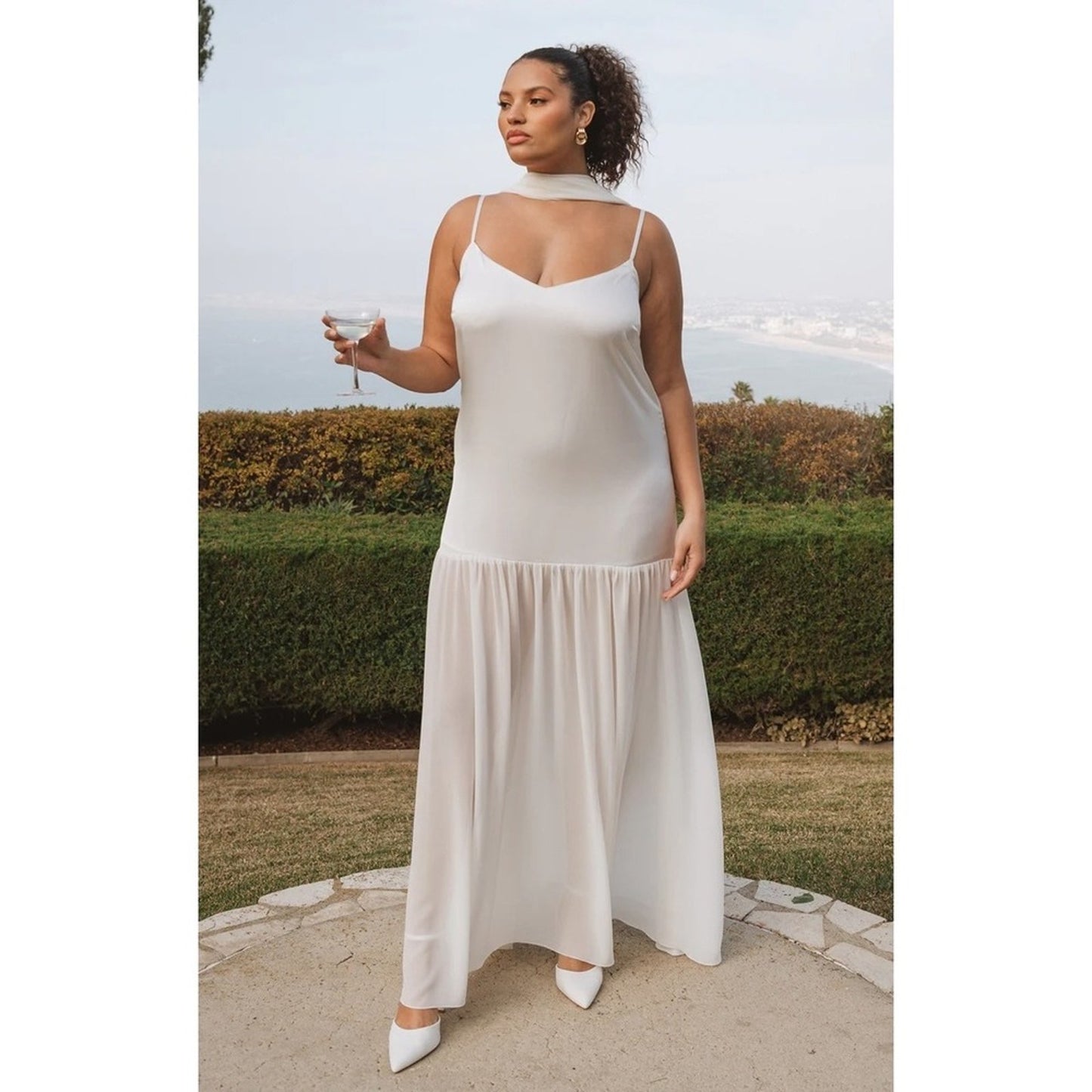Show Me Your Mumu White Maxi Dress XL Drop Waist Satin Chiffon Scarf Bridal