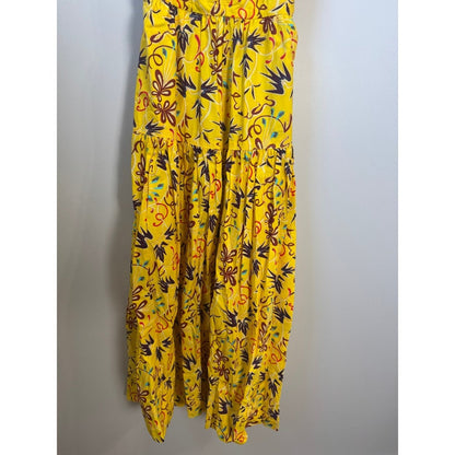 ALC Yellow Floral Ruched Tiered Open Back Midi Dress Womens