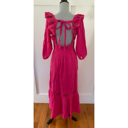 Free People Lovers Lane Maxi Dress in Pink Phenom Medium Floral Embroidered