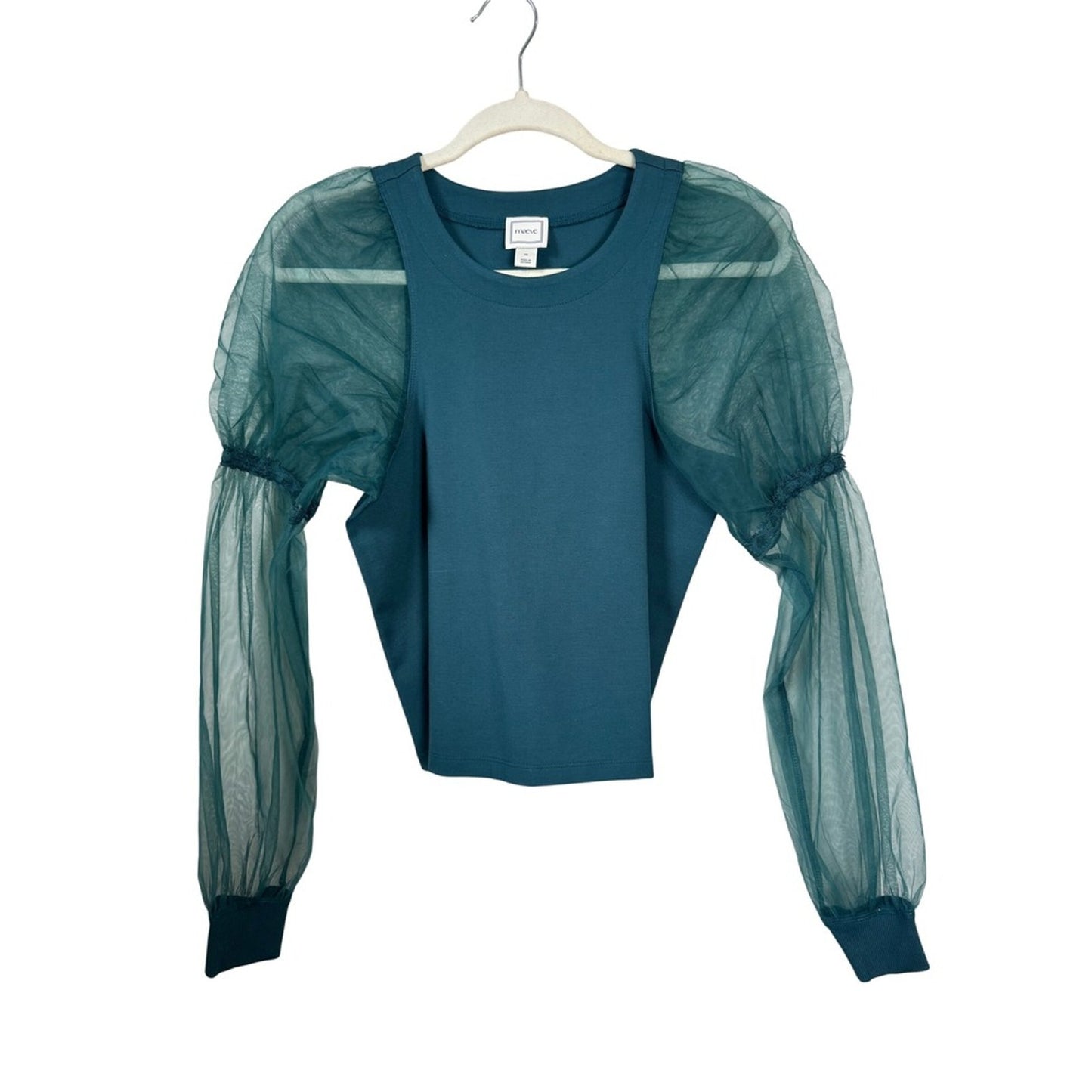 Maeve Anthropologie Teal Sheer Tulle Puff Sleeve Knit Top Crew Neck XS New