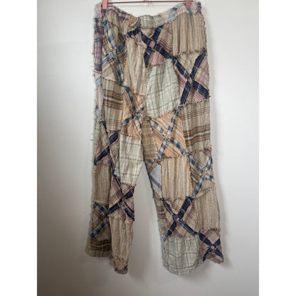 Jaded Gypsy Patchwork Plaid Pants Wide Leg Distressed Drawstring Boho l/xl