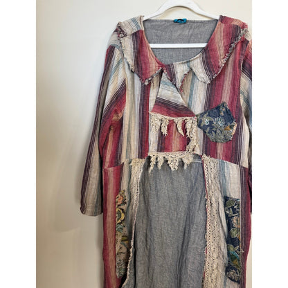 Jaded Gypsy Patchwork Striped Lace Trim Bohemian Tunic Dress Women L