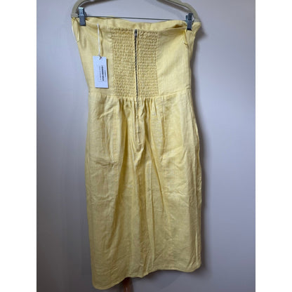 Reformation Prescott Linen Blend Strapless Midi Dress Pale Yellow Button Back