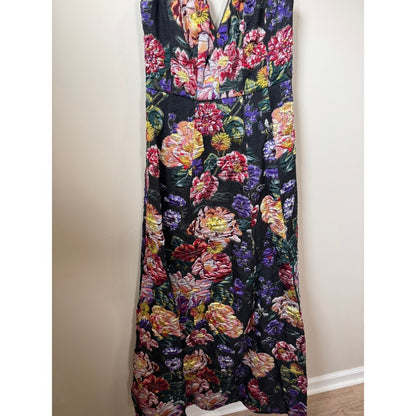 Marchesa notte Floral Jacquard Maxi Dress Sleeveless Mesh V-Neck Gown Multi