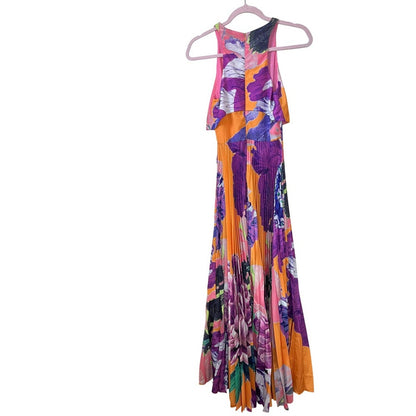 ASOS Floral Pleated Maxi Dress Orange Purple Pink Halter Neck Women's Size 2